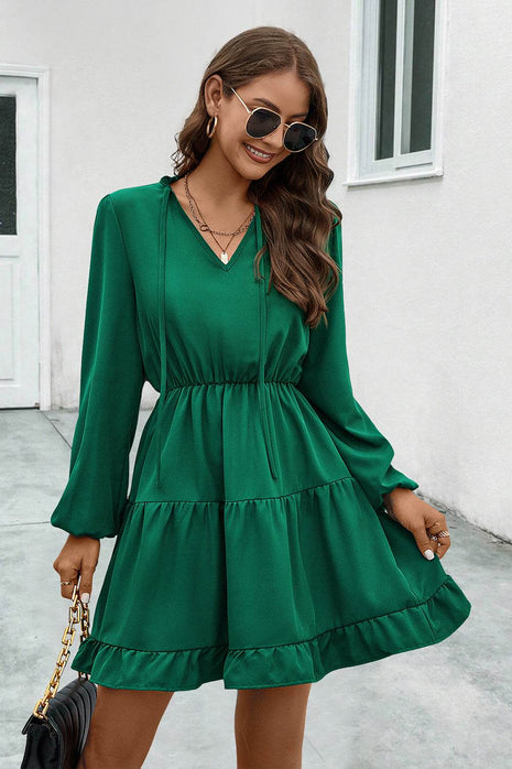 V-Neck Tie Neck Long Sleeve Dress - MimiStylez