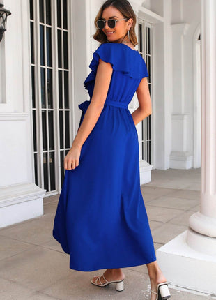 Ruffled Surplice Tie Waist Slit Midi Dress - MimiStylez