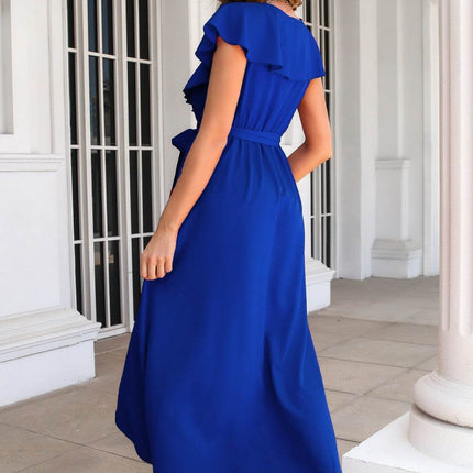 Ruffled Surplice Tie Waist Slit Midi Dress - MimiStylez