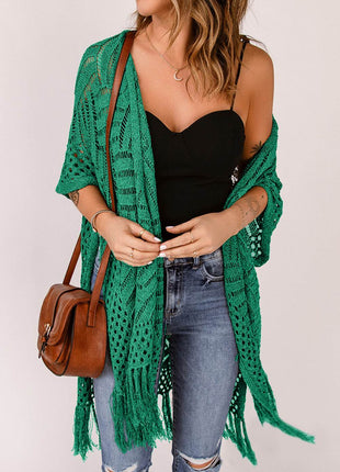 Openwork Open Front Cardigan with Fringes - MimiStylez