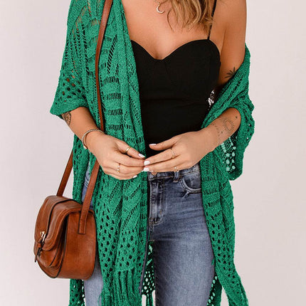 Openwork Open Front Cardigan with Fringes - MimiStylez