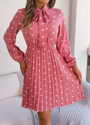 Polka Dot Tie Neck Pleated Dress - MimiStylez