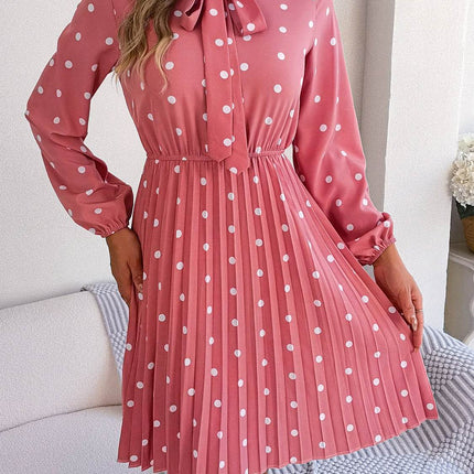 Polka Dot Tie Neck Pleated Dress - MimiStylez