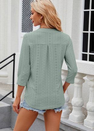 Eyelet Notched Knit Jacquard Top - MimiStylez
