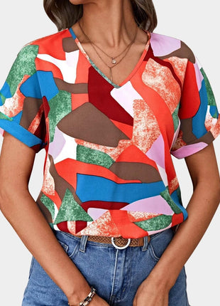 Printed V-Neck Short Sleeve Blouse - MimiStylez