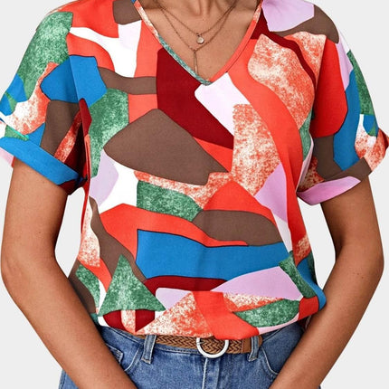 Printed V-Neck Short Sleeve Blouse - MimiStylez