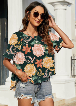 Floral Ruffled Flounce Sleeve Blouse - MimiStylez