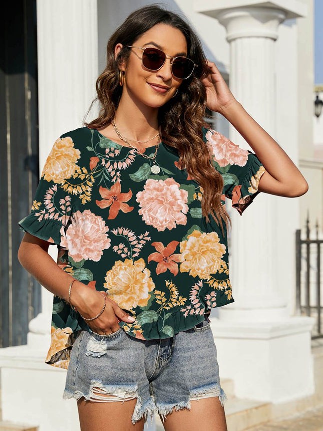 Floral Ruffled Flounce Sleeve Blouse - MimiStylez