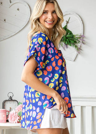 First Love Printed V-Neck Short Sleeve Blouse - MimiStylez