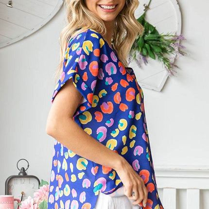 First Love Printed V-Neck Short Sleeve Blouse - MimiStylez