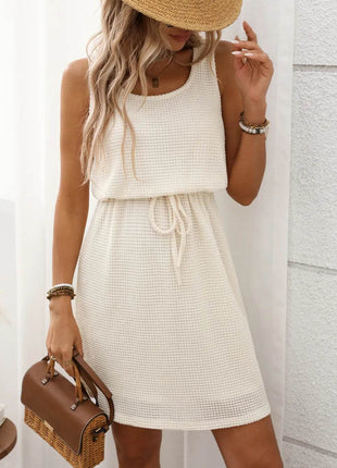 Waffle-Knit Drawstring Mini Tank Dress - MimiStylez