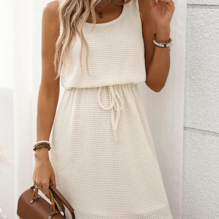 Waffle-Knit Drawstring Mini Tank Dress - MimiStylez