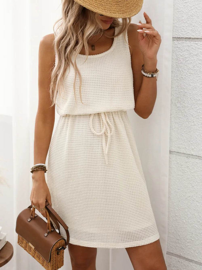 Waffle-Knit Drawstring Mini Tank Dress - MimiStylez