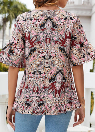 Printed Flounce Sleeve Ruffle Hem Blouse - MimiStylez