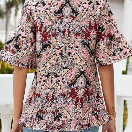 Printed Flounce Sleeve Ruffle Hem Blouse - MimiStylez