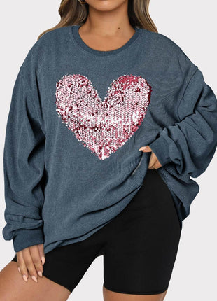 Plus Size Heart Sequin Round Neck Sweatshirt - MimiStylez