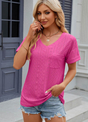 Eyelet V-Neck Short Sleeve T-Shirt - MimiStylez