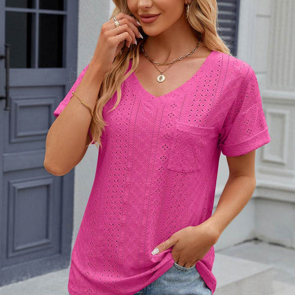 Eyelet V-Neck Short Sleeve T-Shirt - MimiStylez