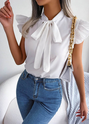 Tie Neck Cap Sleeve Blouse - MimiStylez