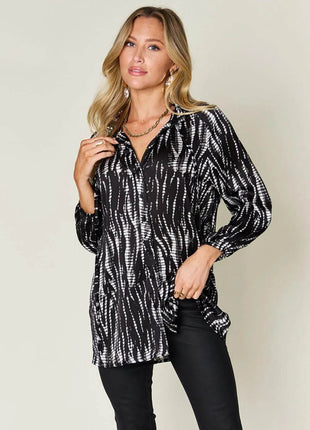 Double Take Full Size Printed Button Up Long Sleeve Shirt - MimiStylez