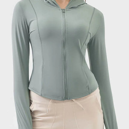 Pocketed Zip Up Hooded Long Sleeve Active Outerwear - MimiStylez