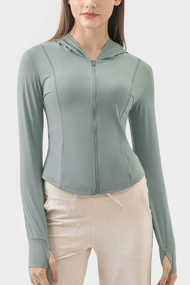 Pocketed Zip Up Hooded Long Sleeve Active Outerwear - MimiStylez