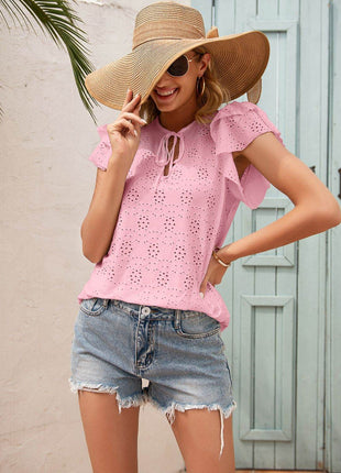 Eyelet Tie Neck Flutter Sleeve Blouse - MimiStylez