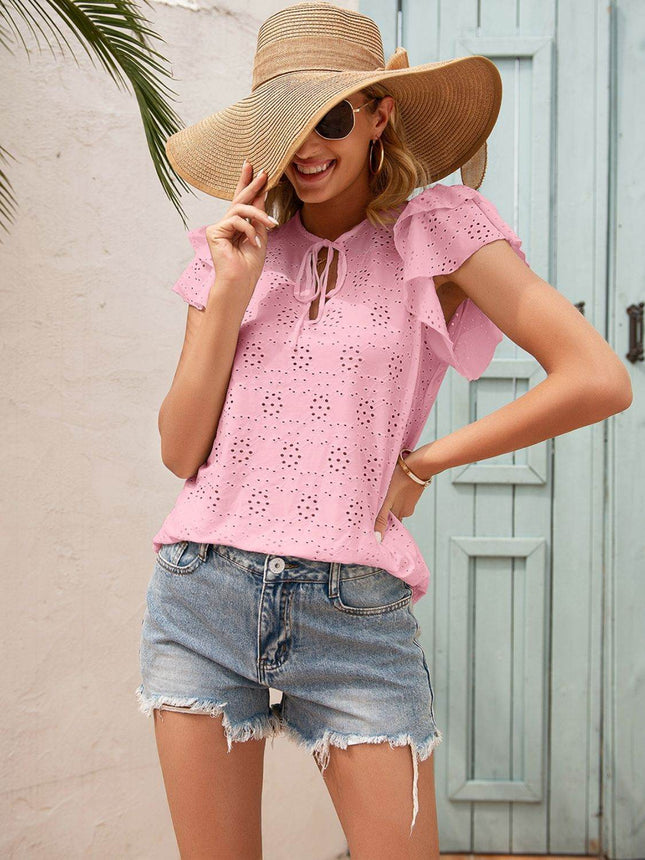 Eyelet Tie Neck Flutter Sleeve Blouse - MimiStylez
