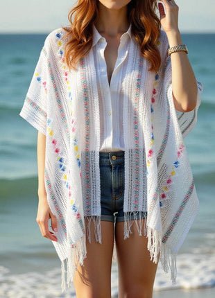 Openwork Fringe Open Front Knit Cape - MimiStylez