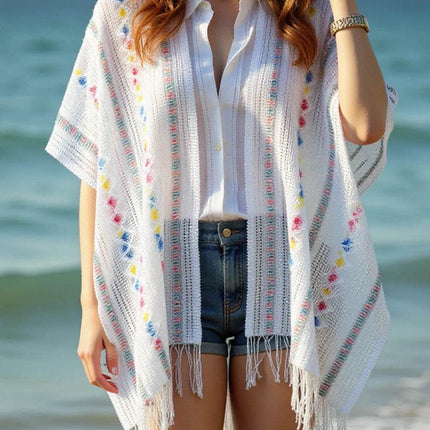 Openwork Fringe Open Front Knit Cape - MimiStylez