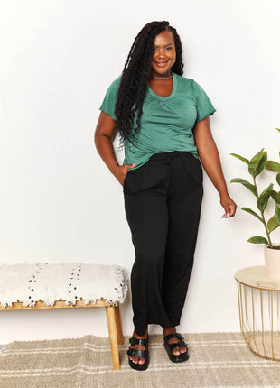 Double Take Ruched V-Neck Short Sleeve T-Shirt - MimiStylez