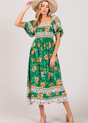 SAGE + FIG Printed Smocked Short Sleeve Midi Dress - MimiStylez