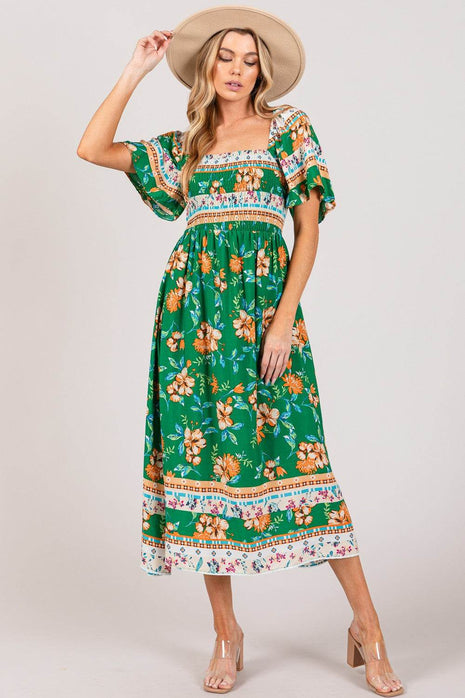 SAGE + FIG Printed Smocked Short Sleeve Midi Dress - MimiStylez