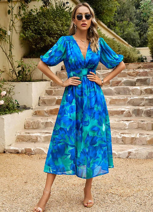 Printed Puff Sleeve Midi Dress - MimiStylez