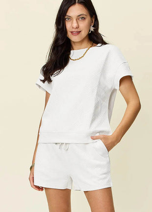 Double Take Full Size Texture Short Sleeve T-Shirt and Drawstring Shorts Set - MimiStylez