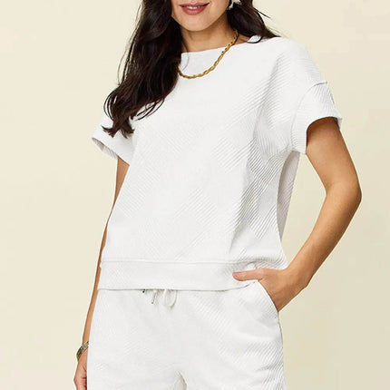 Double Take Full Size Texture Short Sleeve T-Shirt and Drawstring Shorts Set - MimiStylez