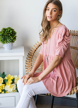 Heimish Full Size Waffle Knit V-Neck Babydoll Top - MimiStylez