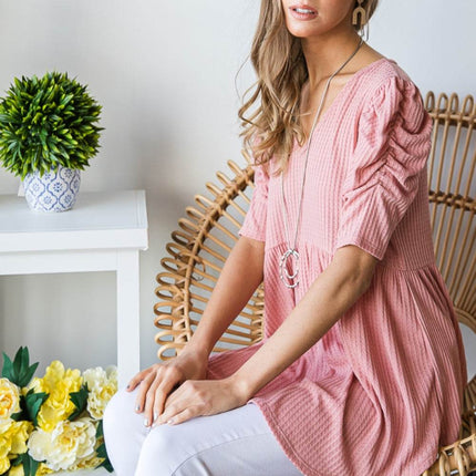 Heimish Full Size Waffle Knit V-Neck Babydoll Top - MimiStylez