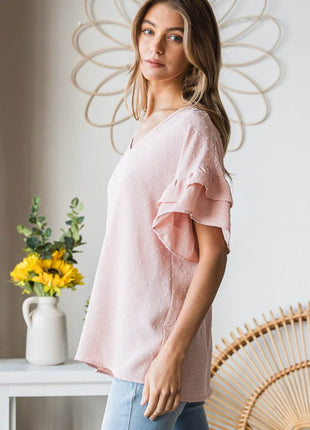 Heimish Full Size Swiss Dot Ruffle Short Sleeve Top - MimiStylez