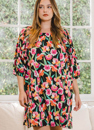 ODDI Full Size Floral Puff Sleeve Mini Dress - MimiStylez