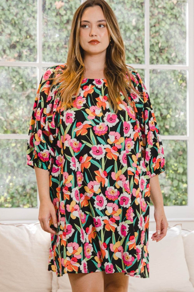 ODDI Full Size Floral Puff Sleeve Mini Dress - MimiStylez