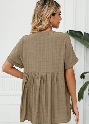 Side Slit Notched Neck Cuffed Short Sleeve Blouse - MimiStylez