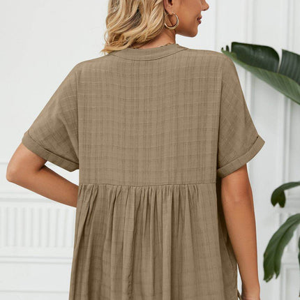 Side Slit Notched Neck Cuffed Short Sleeve Blouse - MimiStylez