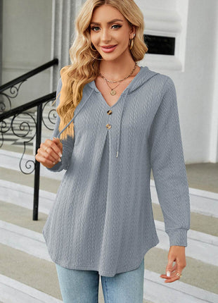 Decorative Button Drawstring Long Sleeve Hoodie - MimiStylez