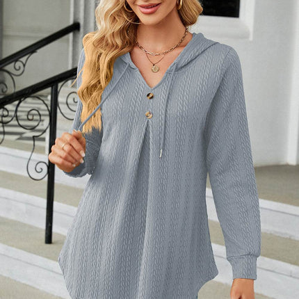 Decorative Button Drawstring Long Sleeve Hoodie - MimiStylez