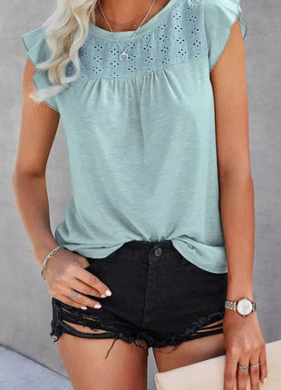 Ruffled Round Neck Cap Sleeve T-Shirt - MimiStylez