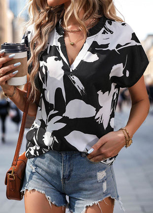 Printed Notched Short Sleeve Blouse - MimiStylez