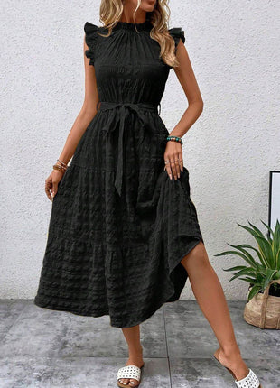 Tied Ruffled Cap Sleeve Midi Dress - MimiStylez