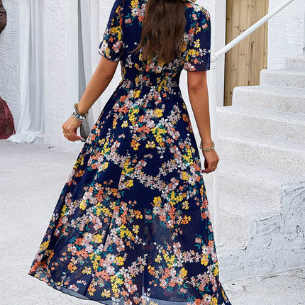 Smocked Floral V-Neck Short Sleeve Dress - MimiStylez