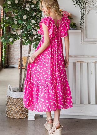 Reborn J Printed V-Neck Ruffle Trim Tiered Midi Dress - MimiStylez